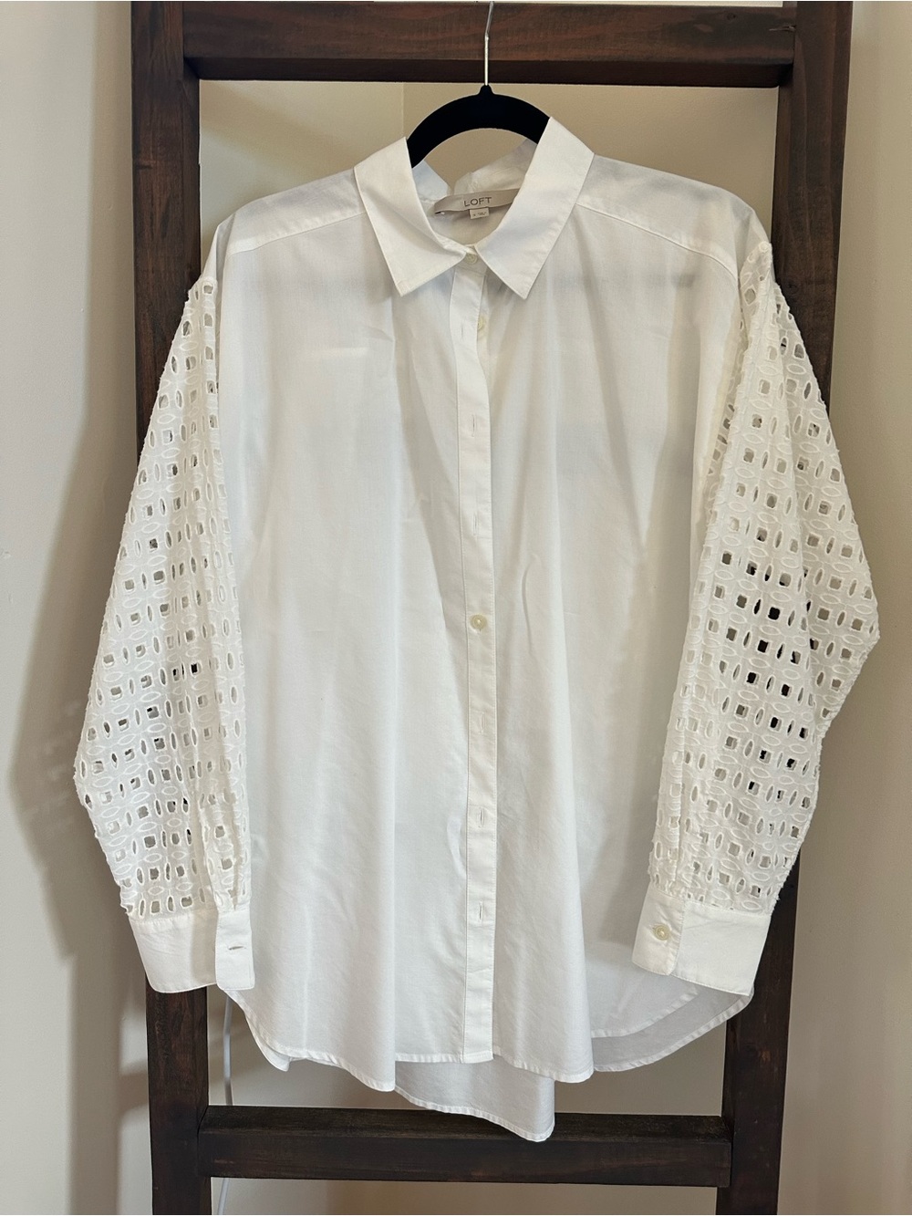 LOFT White Button-Front Shirt with Eyelet Lace Sleeves